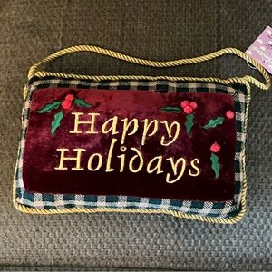 Festive Happy Holidays Plaid and Velvet Hanging Door Sign